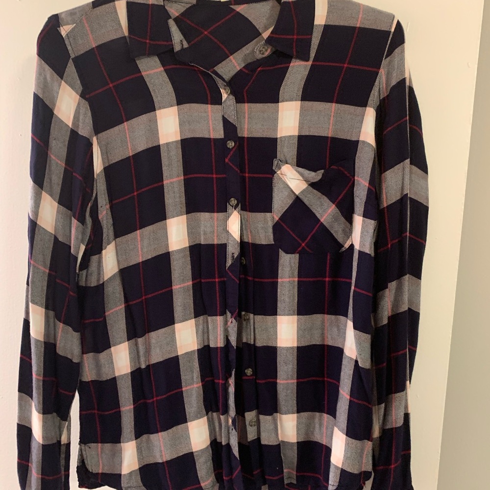 Maurices Plaid Button-Up Shirt - Navy, Gray, and Red